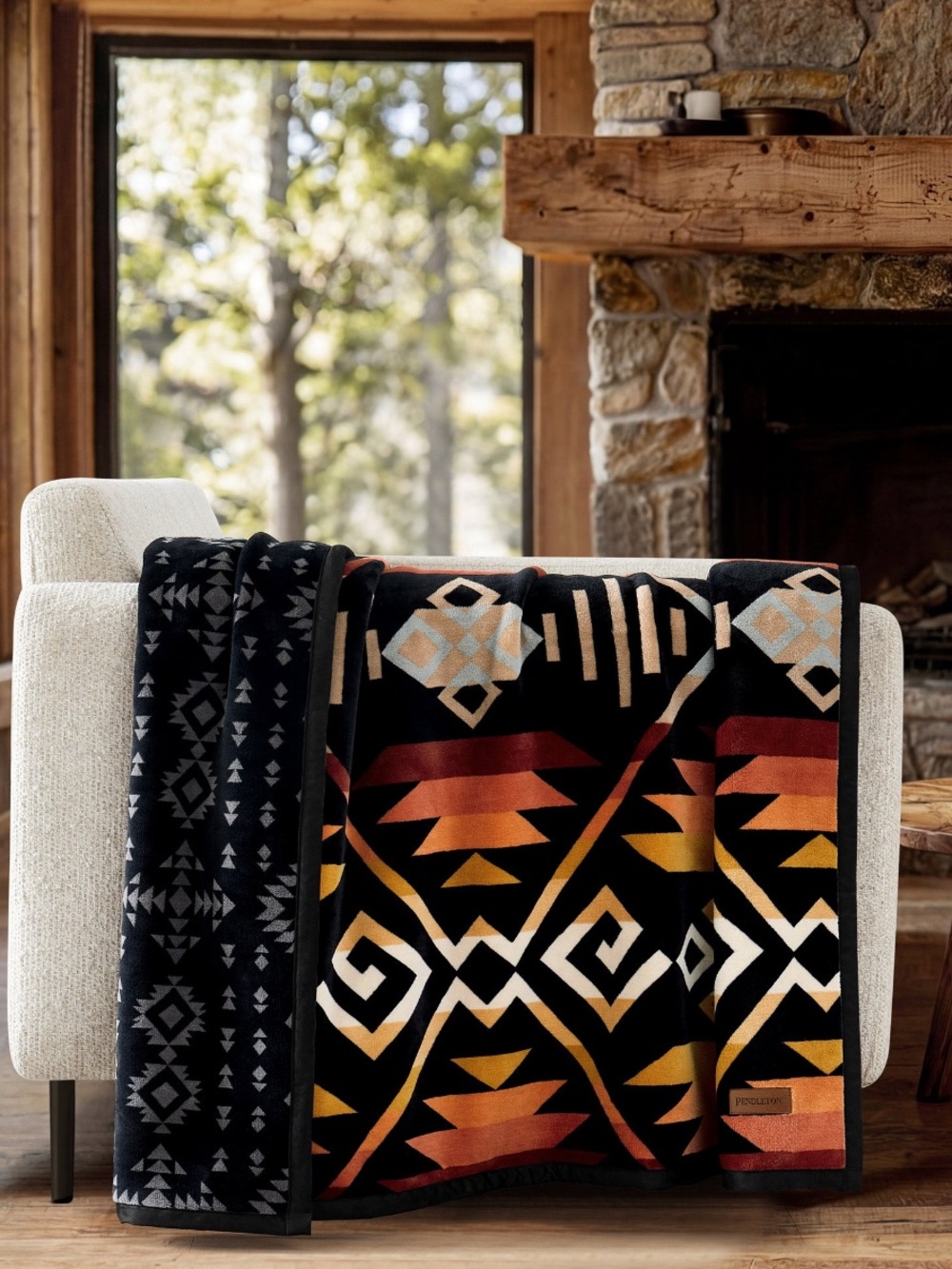 Pendleton Black Southwestern Throw Blanket with Orange and Gold Accents. 50”x70”